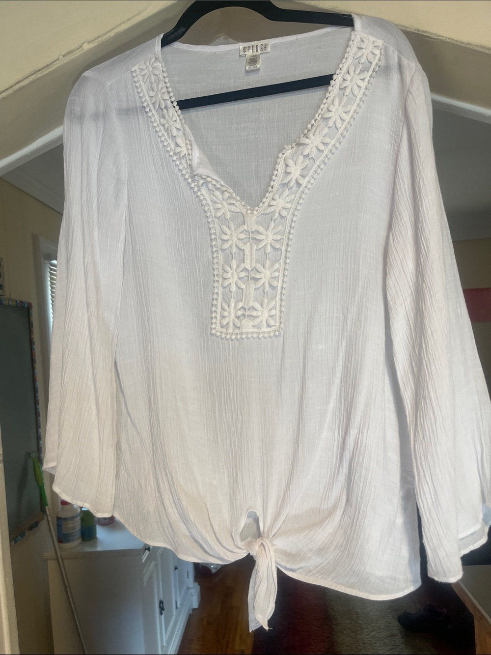 Splendid White V-Neck Embroidered Tie-Front Tunic